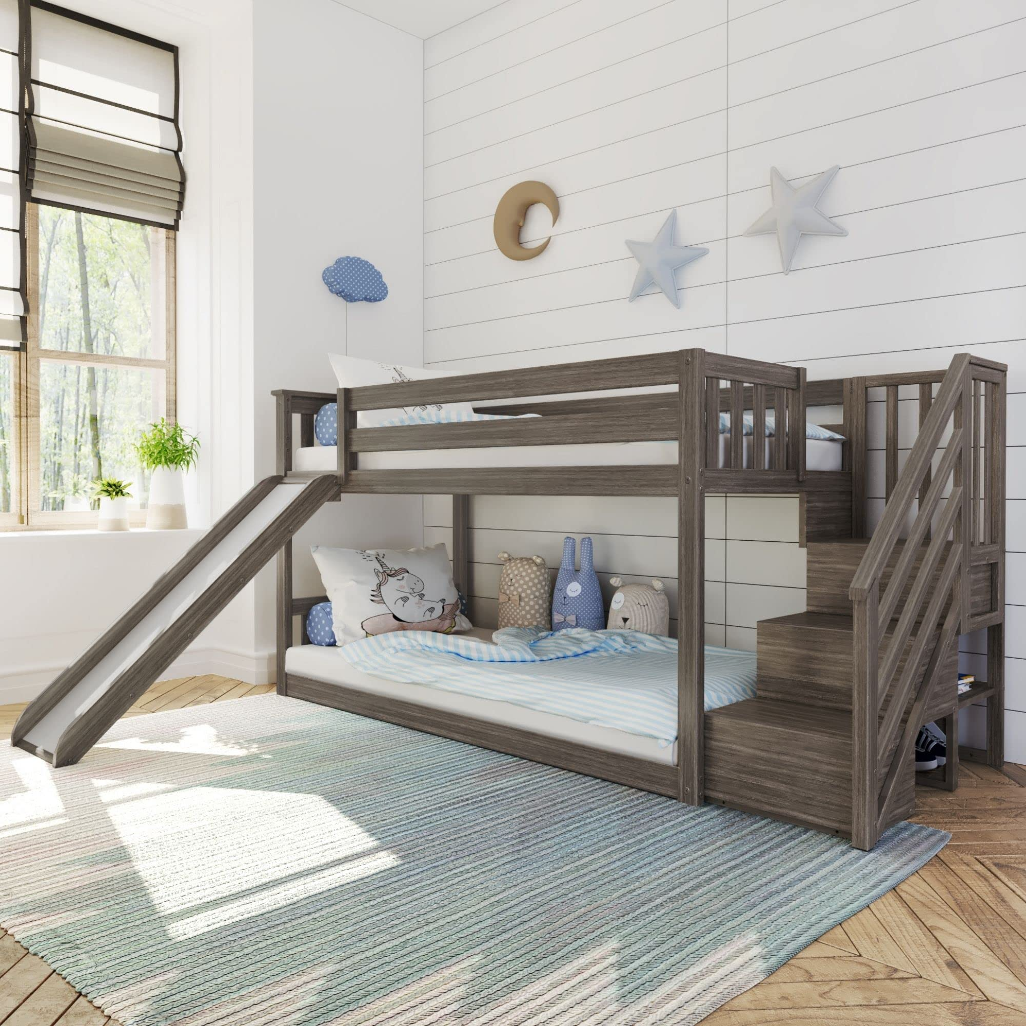 【Furniture】Low Bunk Bed, Twin-Over-Twin Bed Frame for Kids with Stairs & Slide, Clay