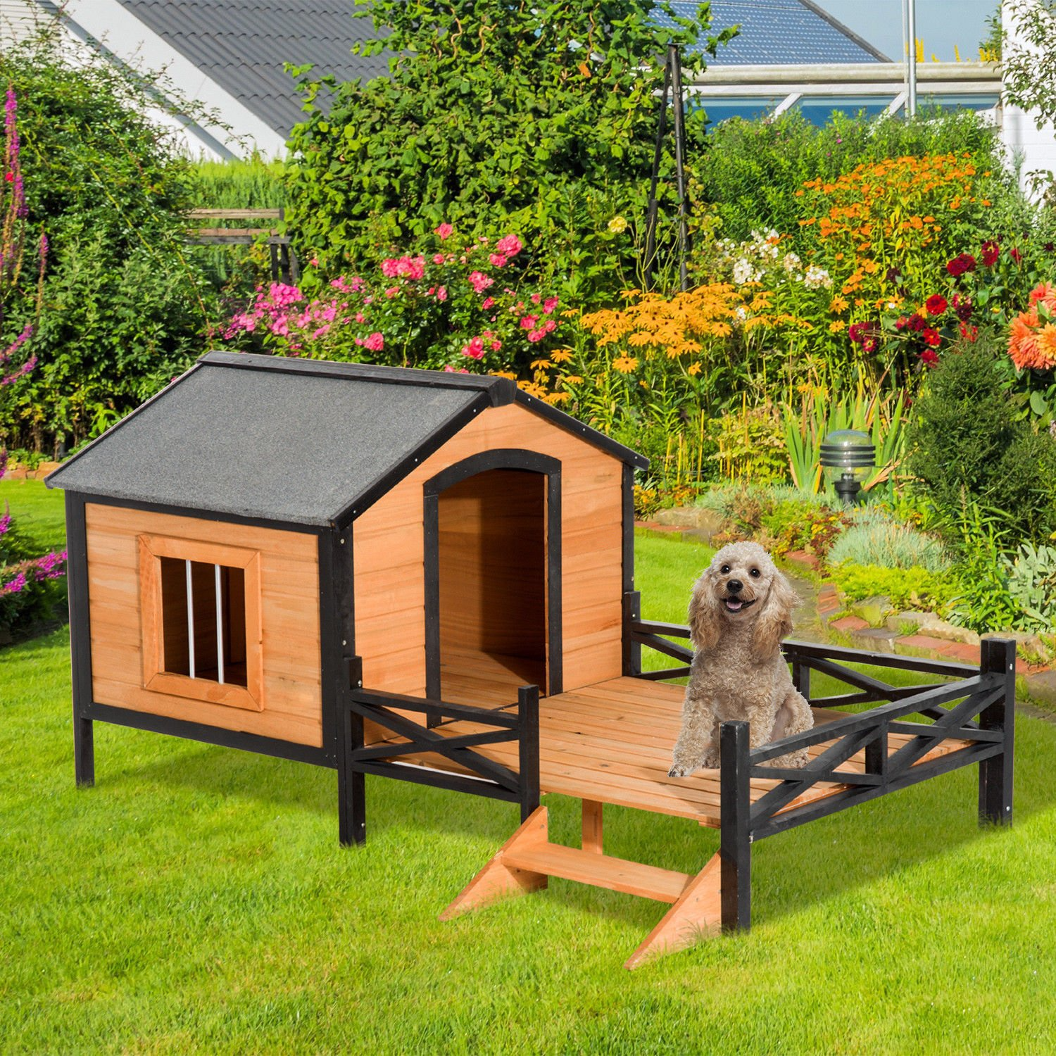 【Pet】67" Large Wooden Cabin Style Elevated Outdoor Dog House with Porch