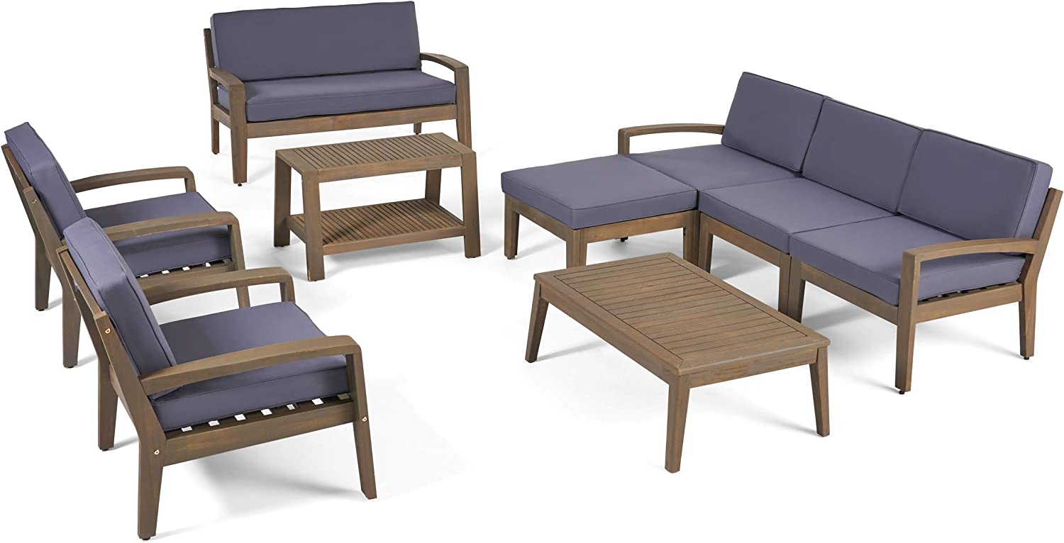 Great Deal Furniture Sally 7-Seater Sectional Sofa Set for Patio with Loveseat, Club Chairs, Ottoman, and Coffee Tables, Acacia Wood, Teak Finish with Blue Outdoor Cushions