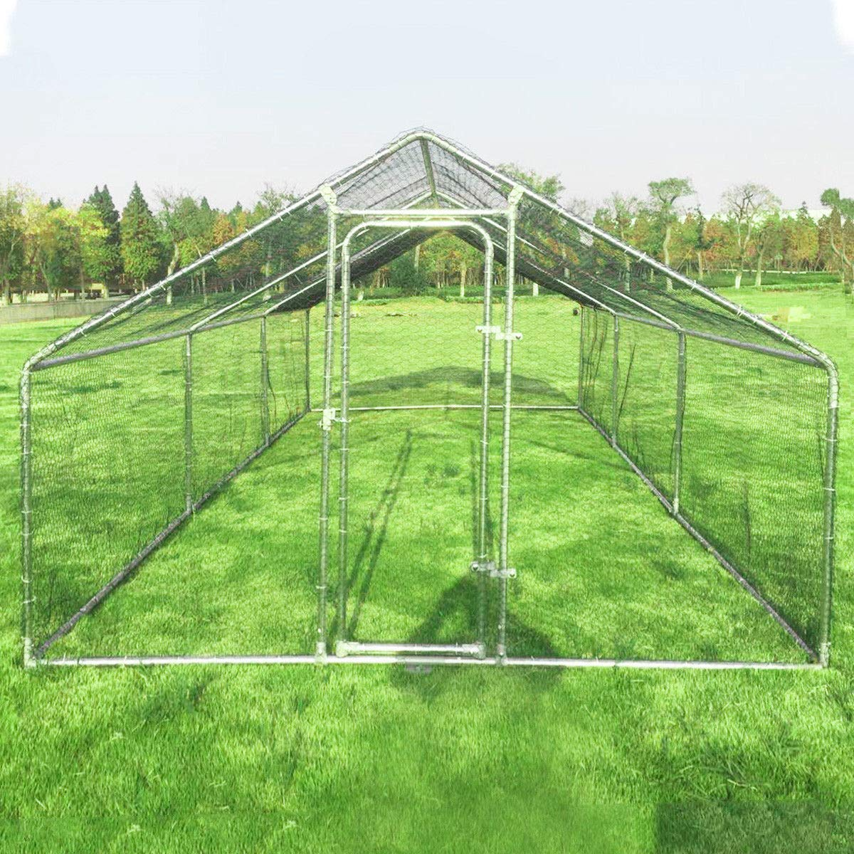 【Pet】10'x20'x6.4' Large Walk-in Hen House with Cover, Galvanized Steel Poultry Run Extension