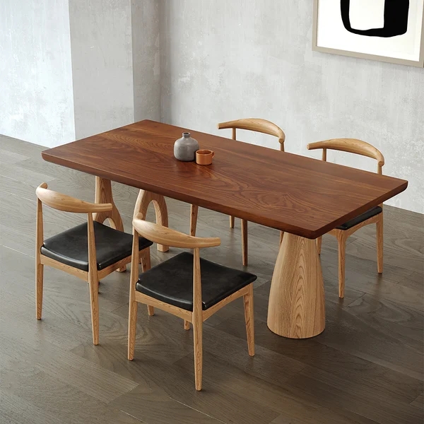Japandi 55" Solid Wood Dining Table Walnut Rectangle Tabletop for 6 Person