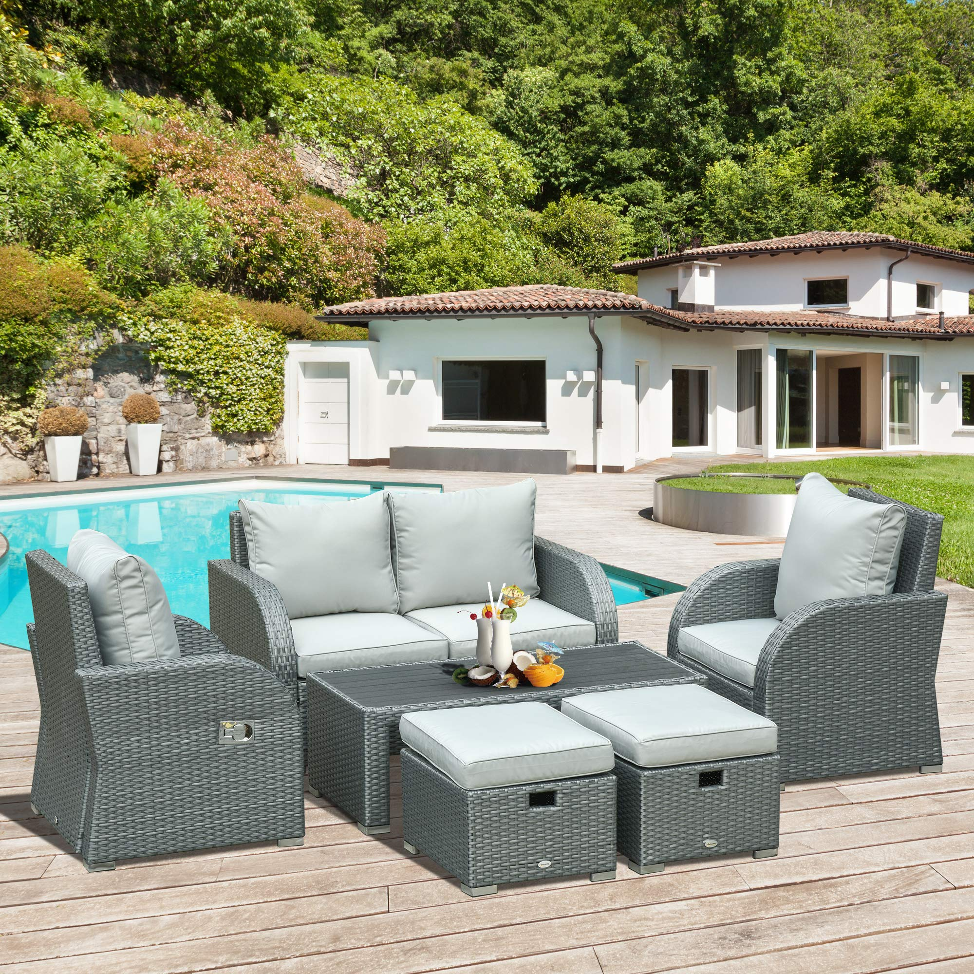 【Furniture】6-PCs Patio Furniture Set Outdoor Wicker Sofa Set with Tea Table Gas Spring & Soft Cushion