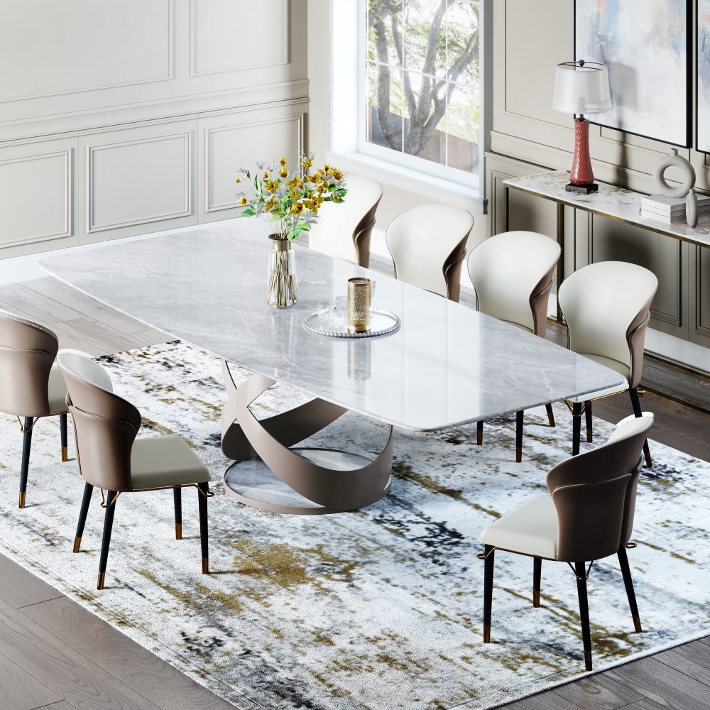 79"Modern Rectangular Dining Table for 6, with Gray Sintered Stone Tabletop, X-shaped Stainless Steel Base