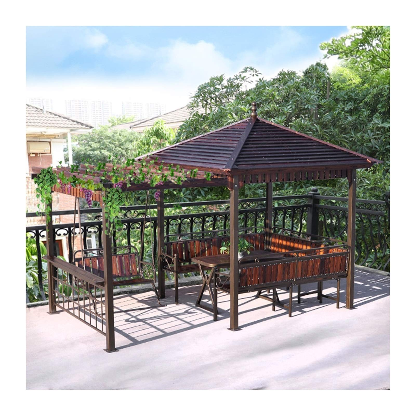 【Gazebo】Outdoor Pergola Villa Garden Furniture, Patios Outdoor Courtyard Pavilion with Cradle, Grape Rack