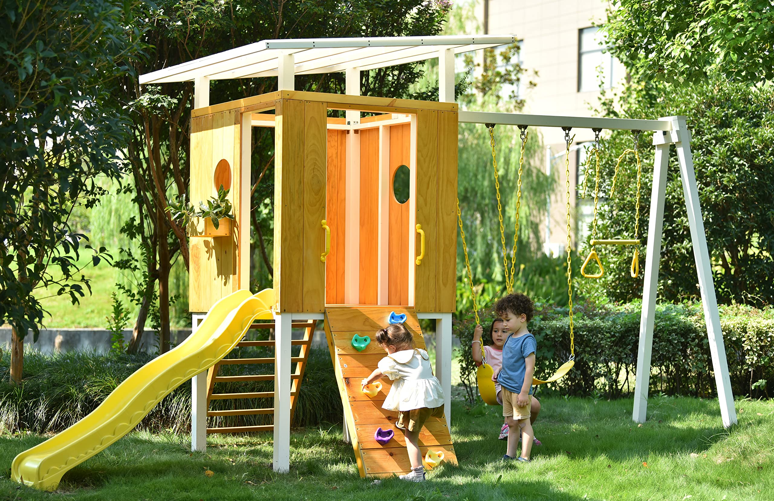 【Sports & Outdoor】Modern Outdoor Backyard Swing Set Children's Rock Climbing Wood Playground Playset 2 Belt Swings