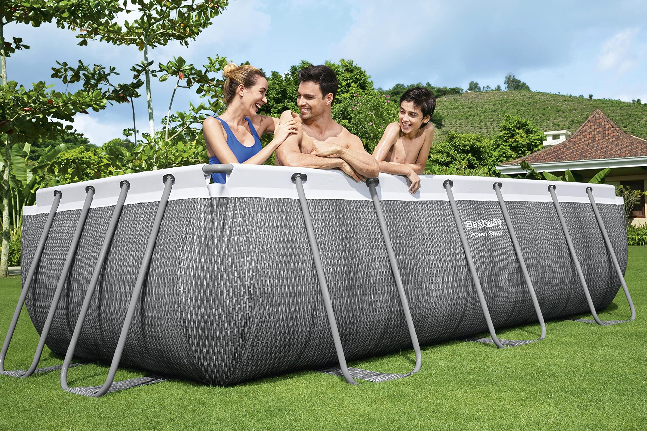 【Sports&Outdoors】Steel above ground pool, with filter and ladder, Grey rattan Print, 13.3 FT