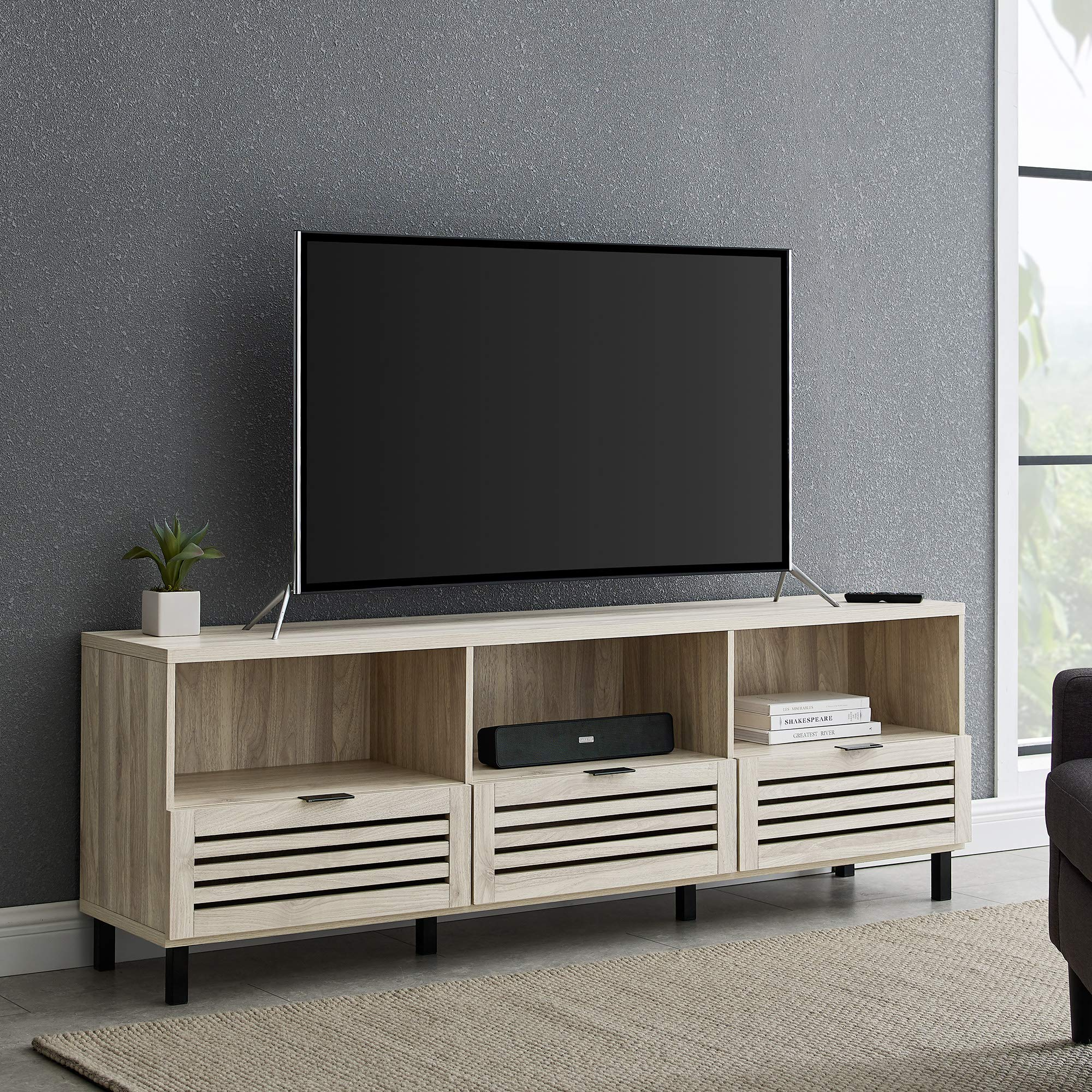 【Furniture】Modern Slatted Wood TV Stand for TV