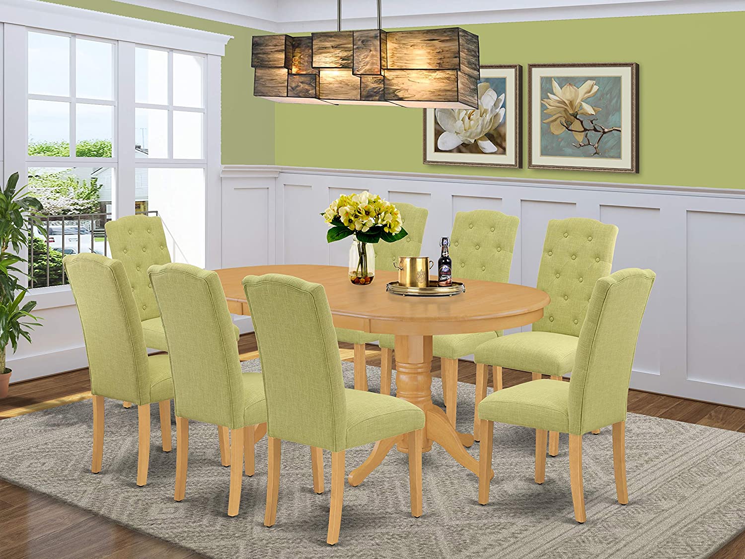 East West Furniture VACE7-OAK-07 7Pc Dinette Set Includes an Oval Dining Table with Butterfly Leaf and Six Parson Chairs with Lime Green Fabric, Oak Finish