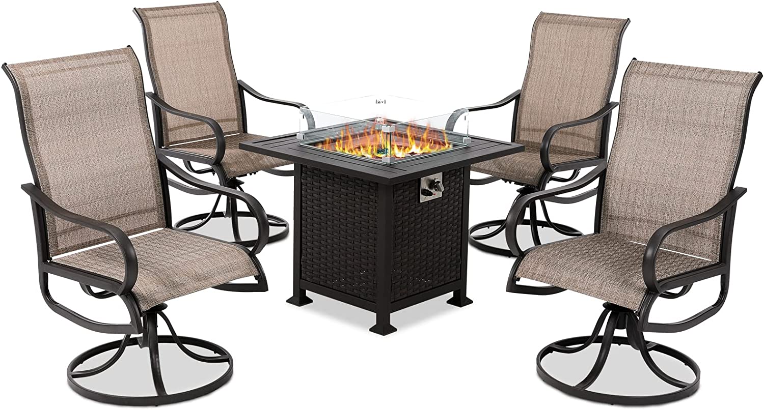 VONZOY 5 Piece Outdoor Patio Furniture Set with 32" 50000BTU Gas Propane Fire Pit Table, 4 Swivel Rocking Dining Chairs, Textilene Conversation Set - Glass Table