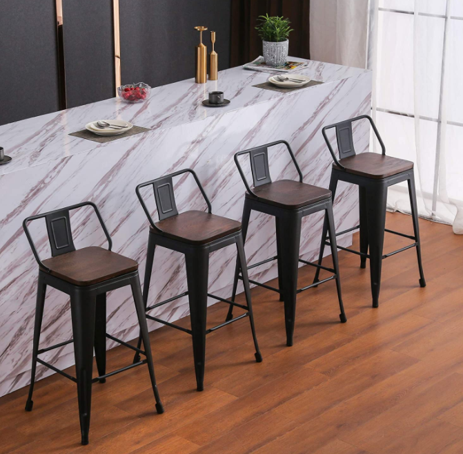 Yongchuang 24" Metal Barstools Set of 4 Counter Bar Stools with Wood Top Low Back Matte Black