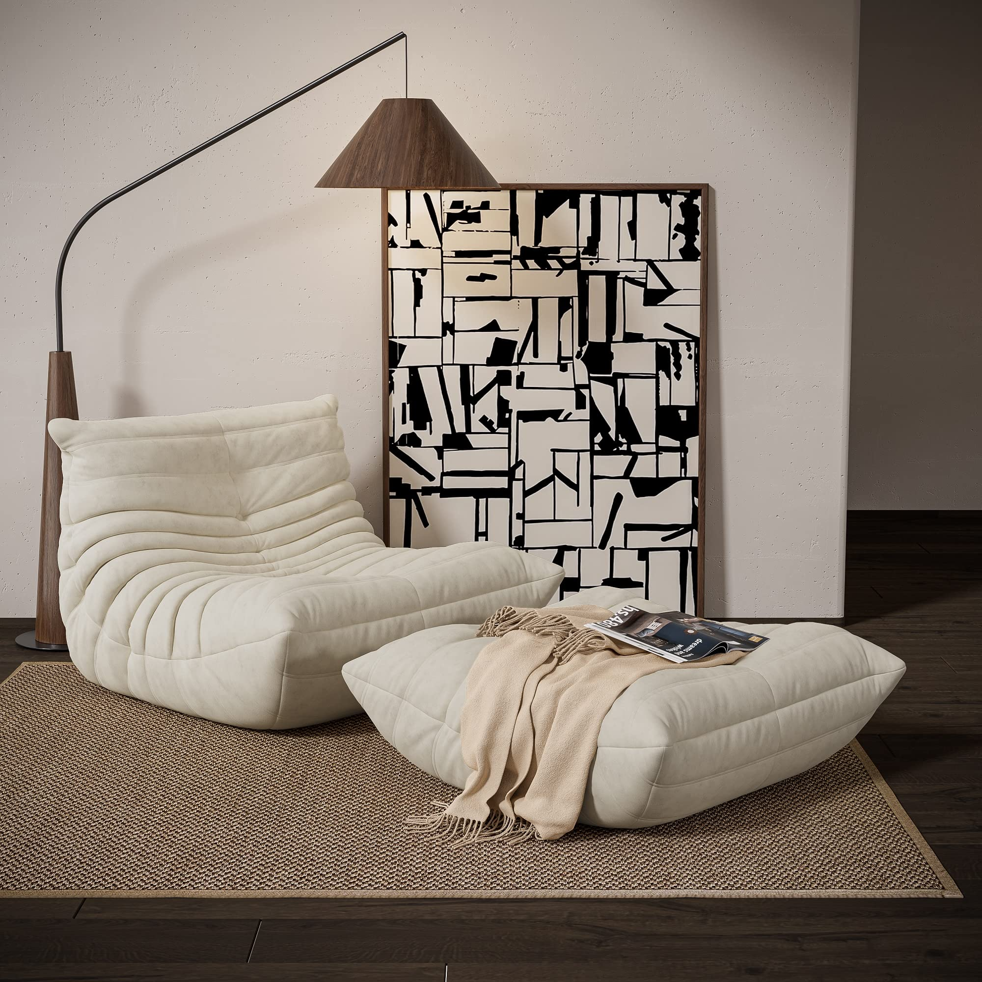 【Furniture】Chair with Ottoman, Soft Suede Oversized Chair with Ottoman Lazy Floor Sofa