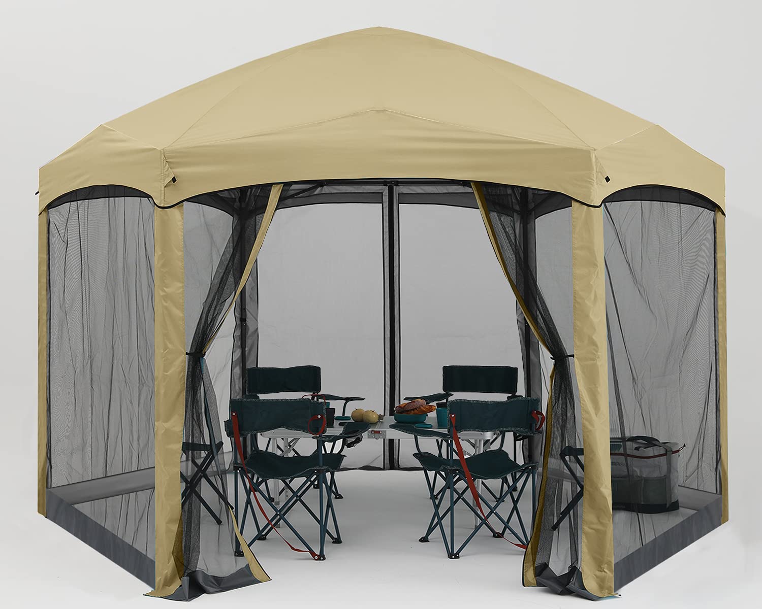 【Gazebo】Pop Up Gazebo 6 Sided Screened Canopy Tent Outdoor Screen House(Beige)