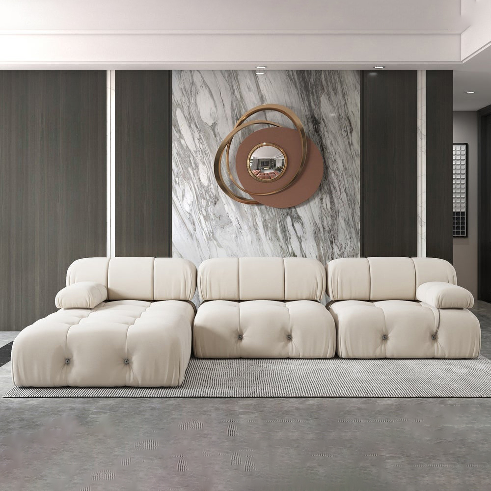 Modern Section Sofa, L-Shaped Sofa with Rolled Arm, Velvet, Beige, 138.58