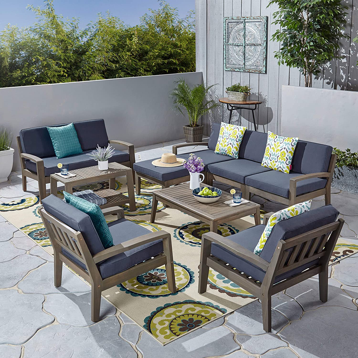 Great Deal Furniture Sally 7-Seater Sectional Sofa Set for Patio with Loveseat, Club Chairs, Ottoman, and Coffee Tables, Acacia Wood, Teak Finish with Blue Outdoor Cushions