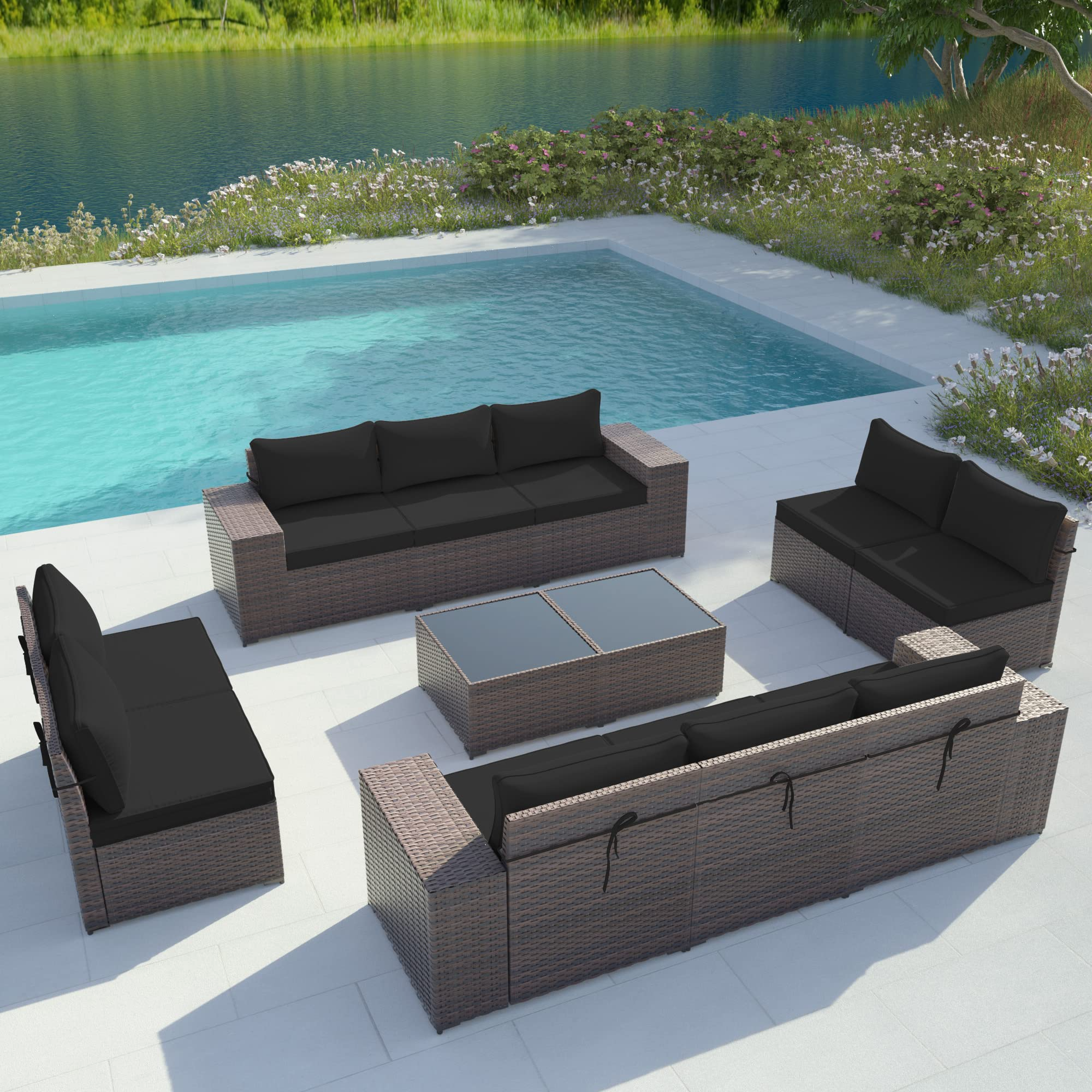 【Furniture】Outdoor Patio Furniture Sets 12-Pc Patio Sectional Furniture with Table & 10 Thickened Cushions