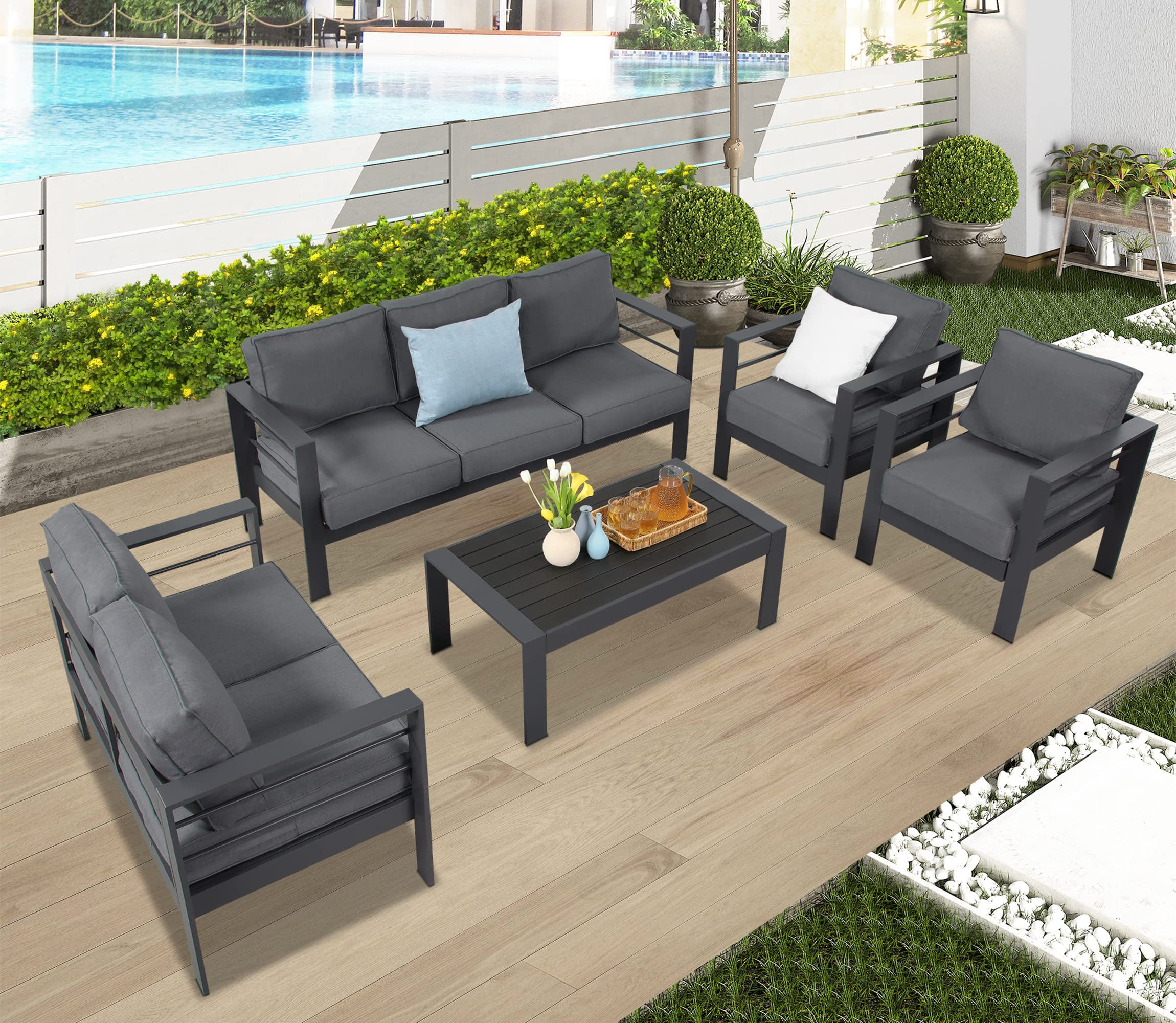 【Furniture】Aluminum Outdoor Patio Furniture Set, Outdoor Sectional Metal Sofa with 5" Cushion & Coffee Table