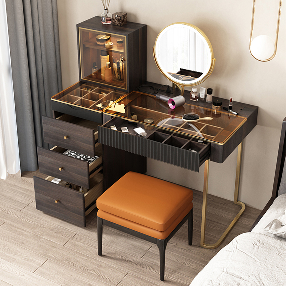Wood Makeup Vanity Table Set with LED Lighted Mirror, Tempered Glass Top, 5 Drawers, Gold Stainless Steel Legs, Stool, 47.2"