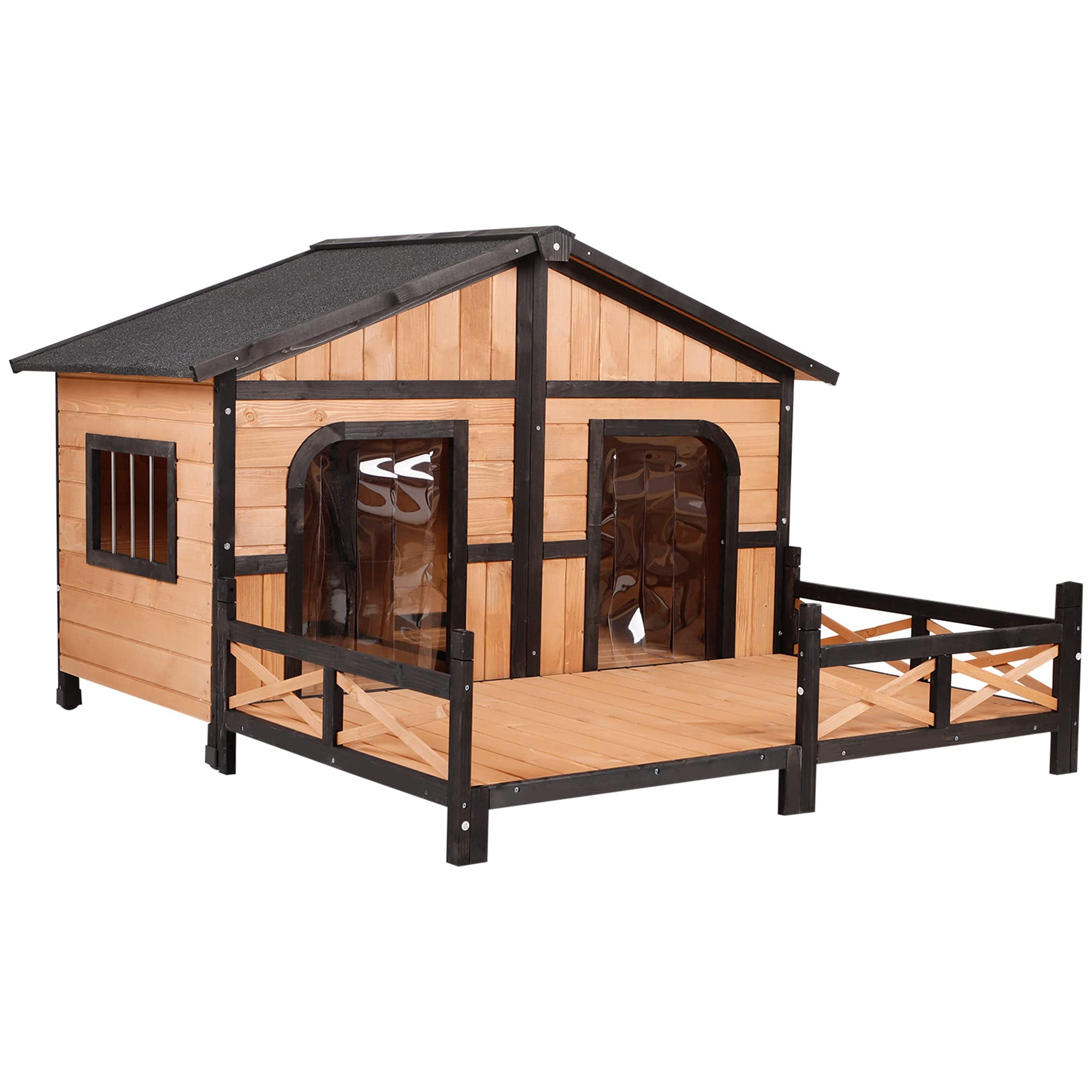 【Pet】59x64x39 Wood Large Dog House Cabin Style Elevated Pet Shelter wPorch Deck Natural
