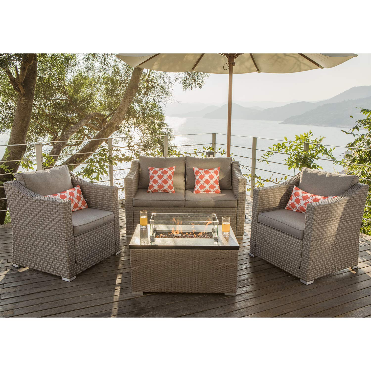 【Furniture】5-Pc Fire Pit Table Outdoor Furniture, Wicker Conversation Set, 4 Pillows w 32" Wicker Fire Table