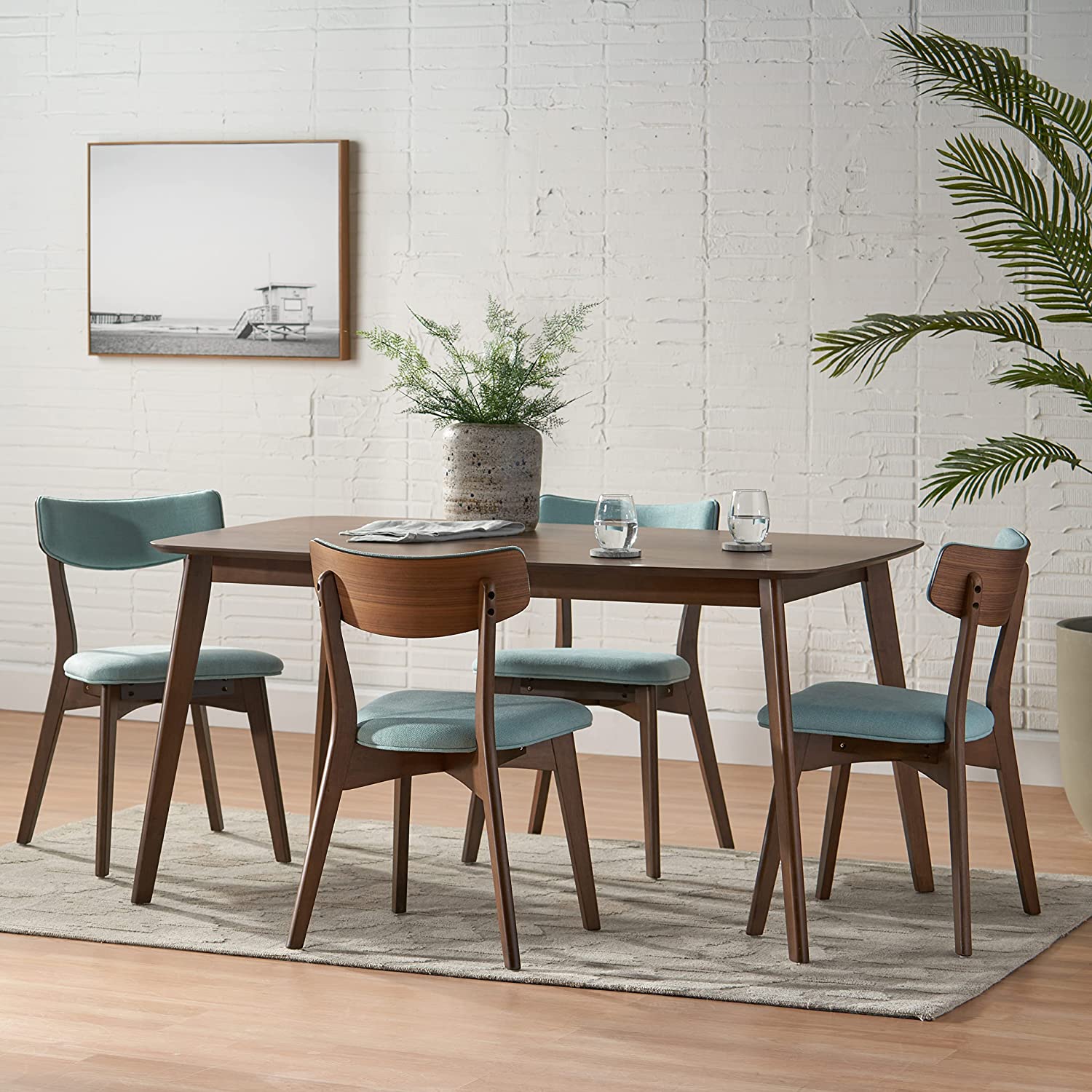 Christopher Knight Home Megann Mid-Century Wood Dining Set with Fabric Chairs, 5-Pcs Set, Natural Walnut / Mint