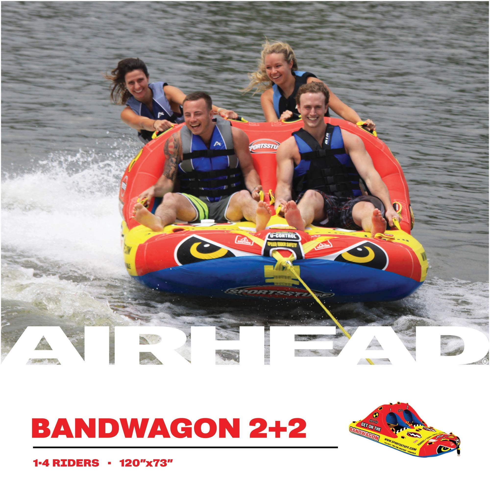 【Sports&Outdoors】1-4 Rider Towable Tube for Boating, Dimensions = inflated (118x70 in) deflated (124x76 in)