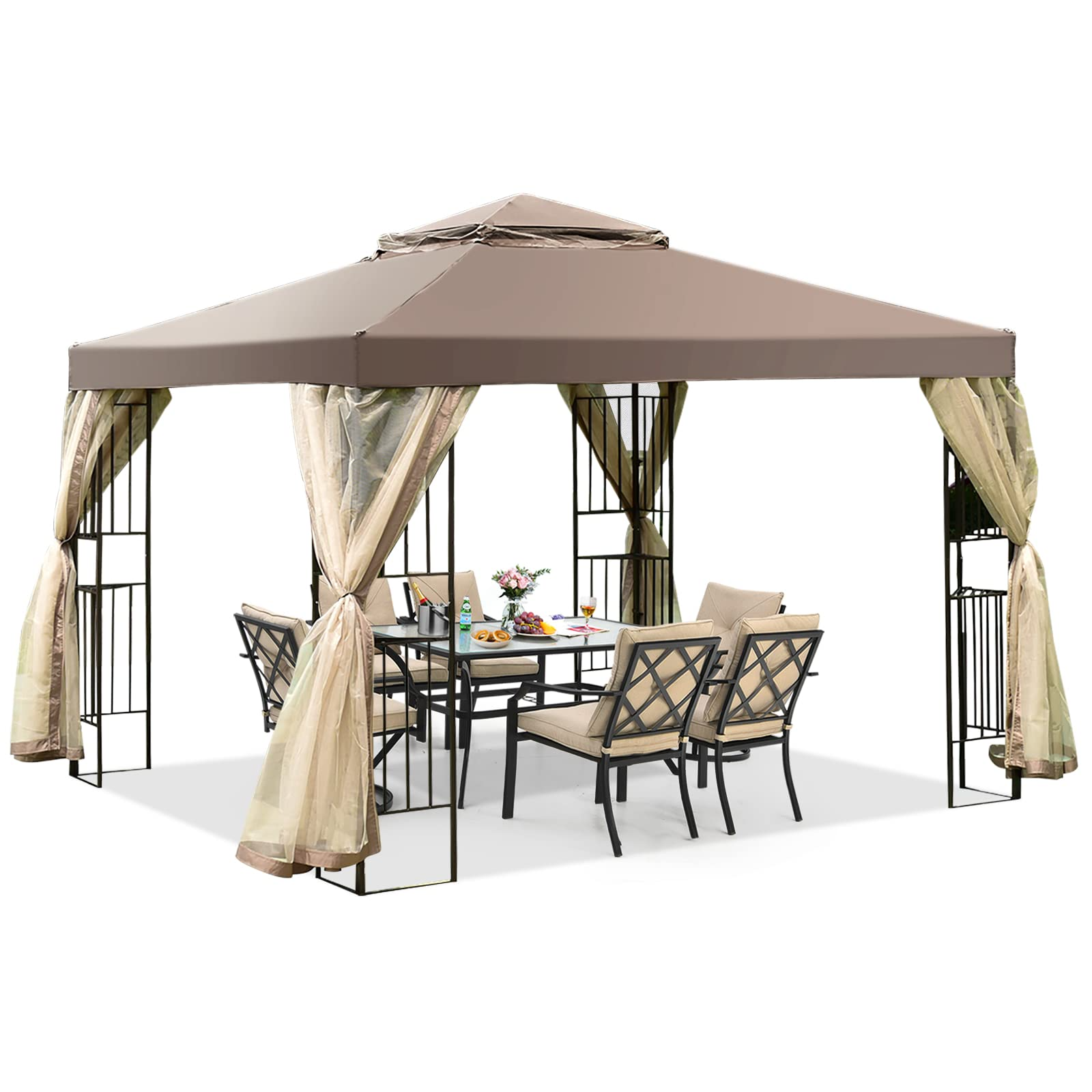 【Gazebo】10x10 Feet Patio Gazebo, Outdoor Gazebo Canopy Shelter w/ Netting
