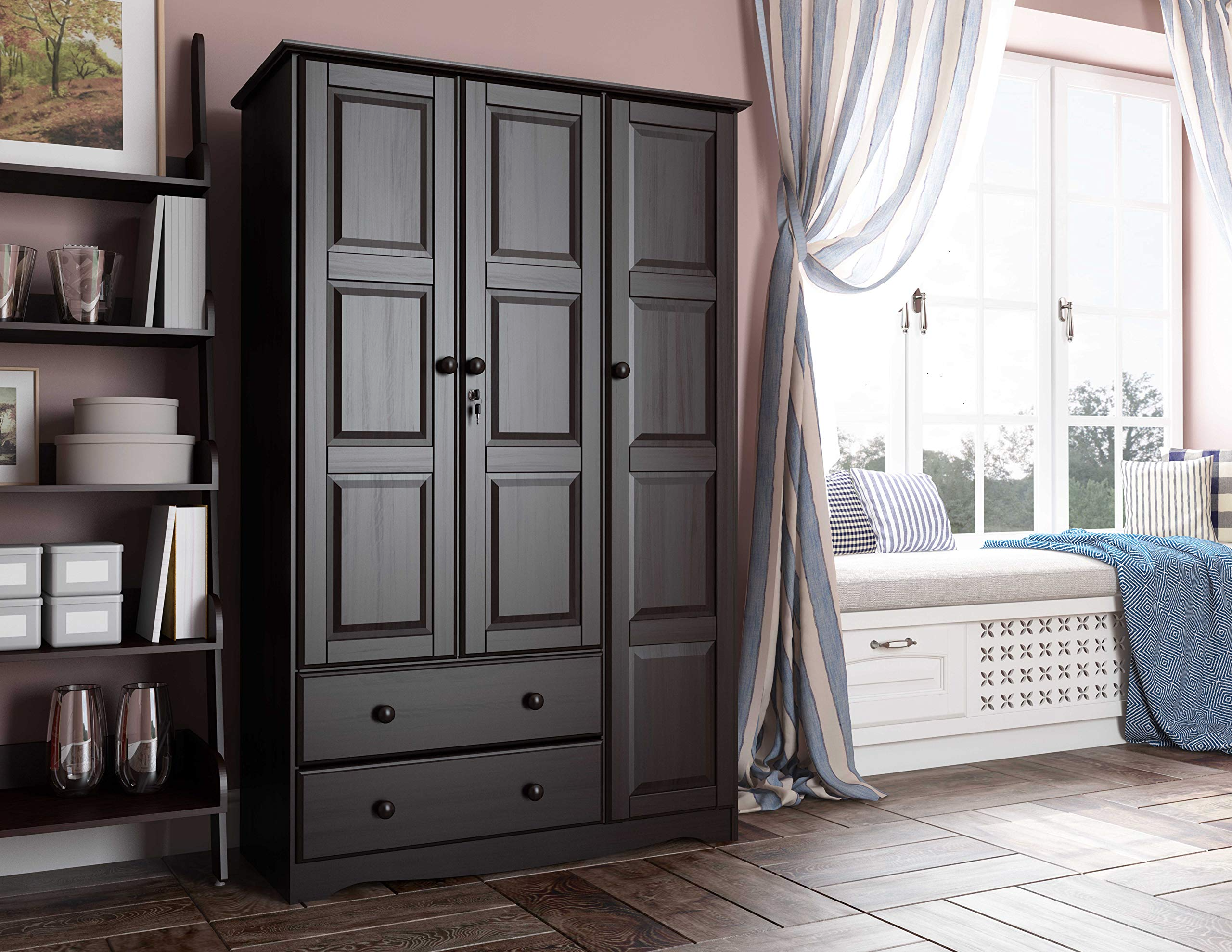 【Furniture】100% Solid Wood Grand Wardrobe/Armoire, 46"x72"x21", with 4 Shelves, 1 Clothing Rod, 2 Drawers, 1 Lock