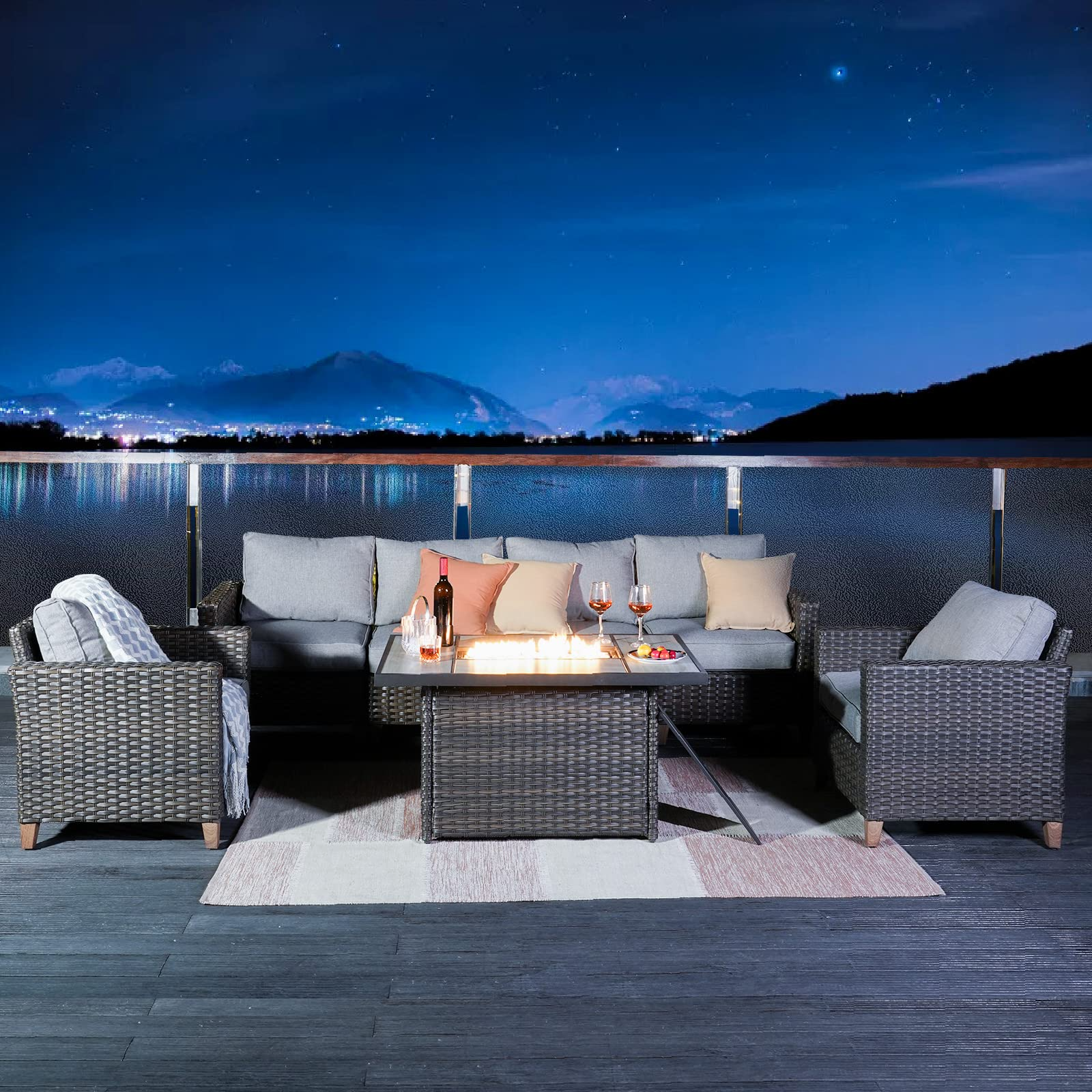 【Home&Garden】Fire Pit Patio Set, All Weather Wicker Patio Furniture Sectional Sofa with Fire Pit Table