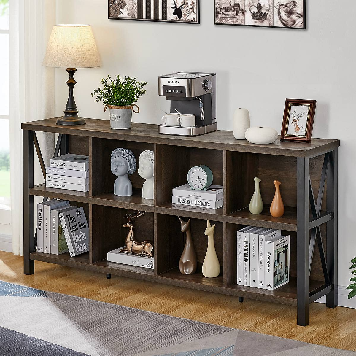 【Furniture】8 Cube Storage Organizer Bookshelf, Rustic Wood Cubby Bookcase, Industrial Horizontal Long Shelf