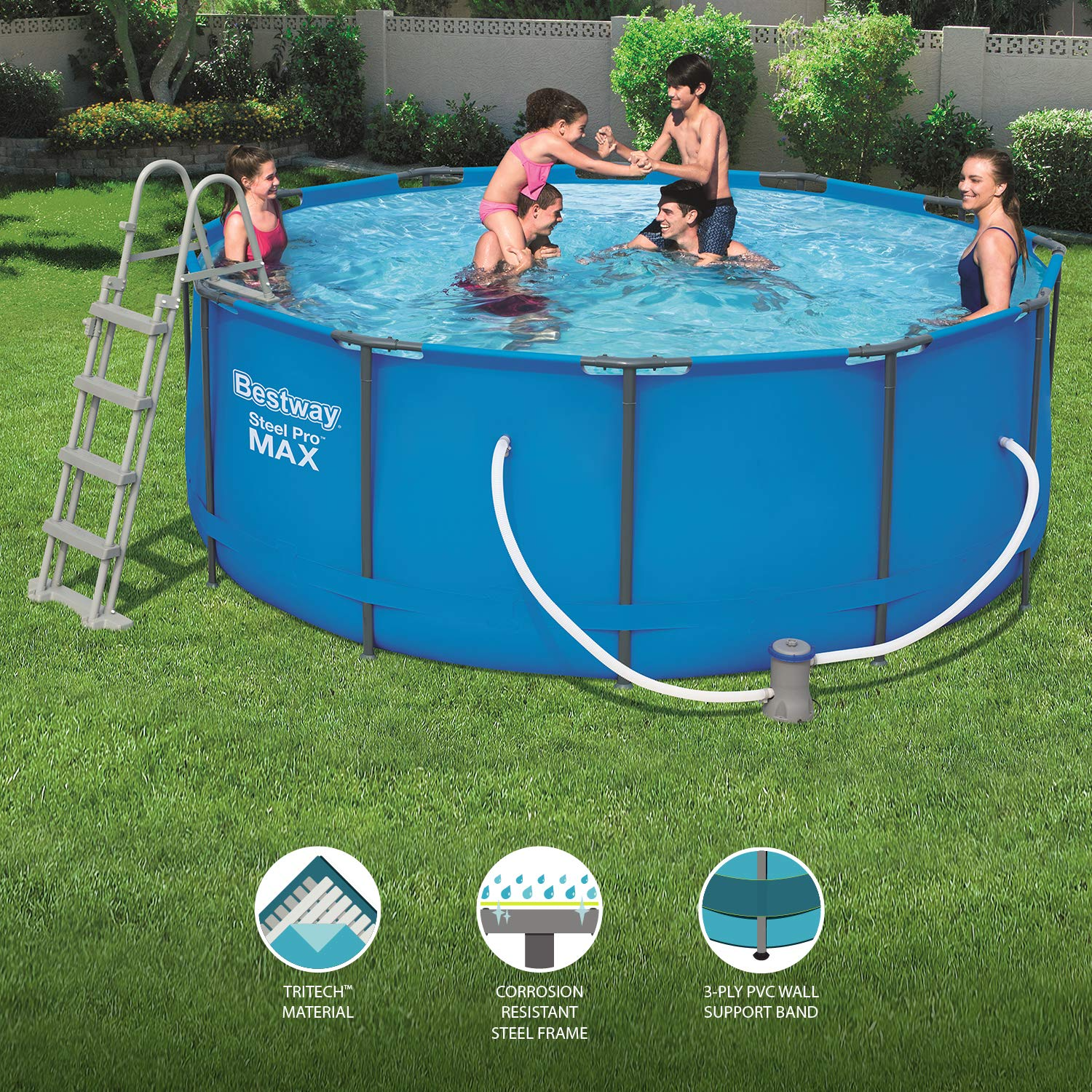 【Sports&Outdoors】Round Frame Swimming Pool with Filter, Steel Pro Max, 12ft