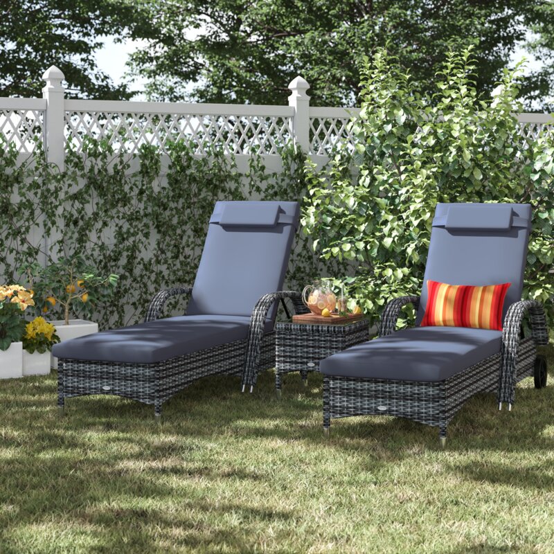 【Furniture】3 PCS Patio Wicker Chaise Lounge Chair Set, Outdoor Reclining Chair with Table & Cushion
