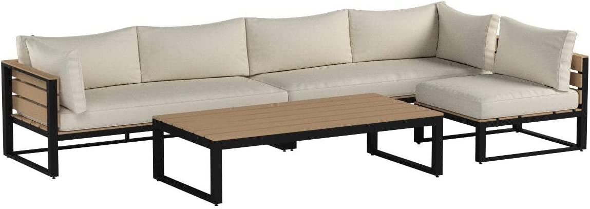 Walker Edison Macae Contemporary 4 Piece Modular Plank Design Outdoor Sectional, Set of 4, Black