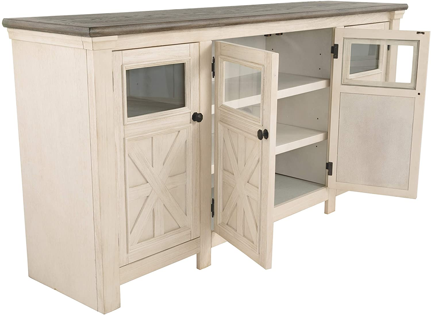 Signature Design by Ashley Bolanburg Two Tone Farmhouse TV Stand, Fits TVs up to 72", 3 Cabinets and Adjustable Storage Shelves, Whitewash