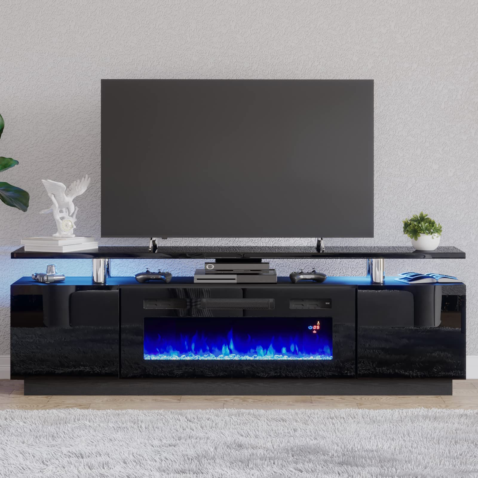 【Furniture】Fireplace TV Stand with 36" Fireplace, 70" Modern High Gloss Entertainment Center LED Lights