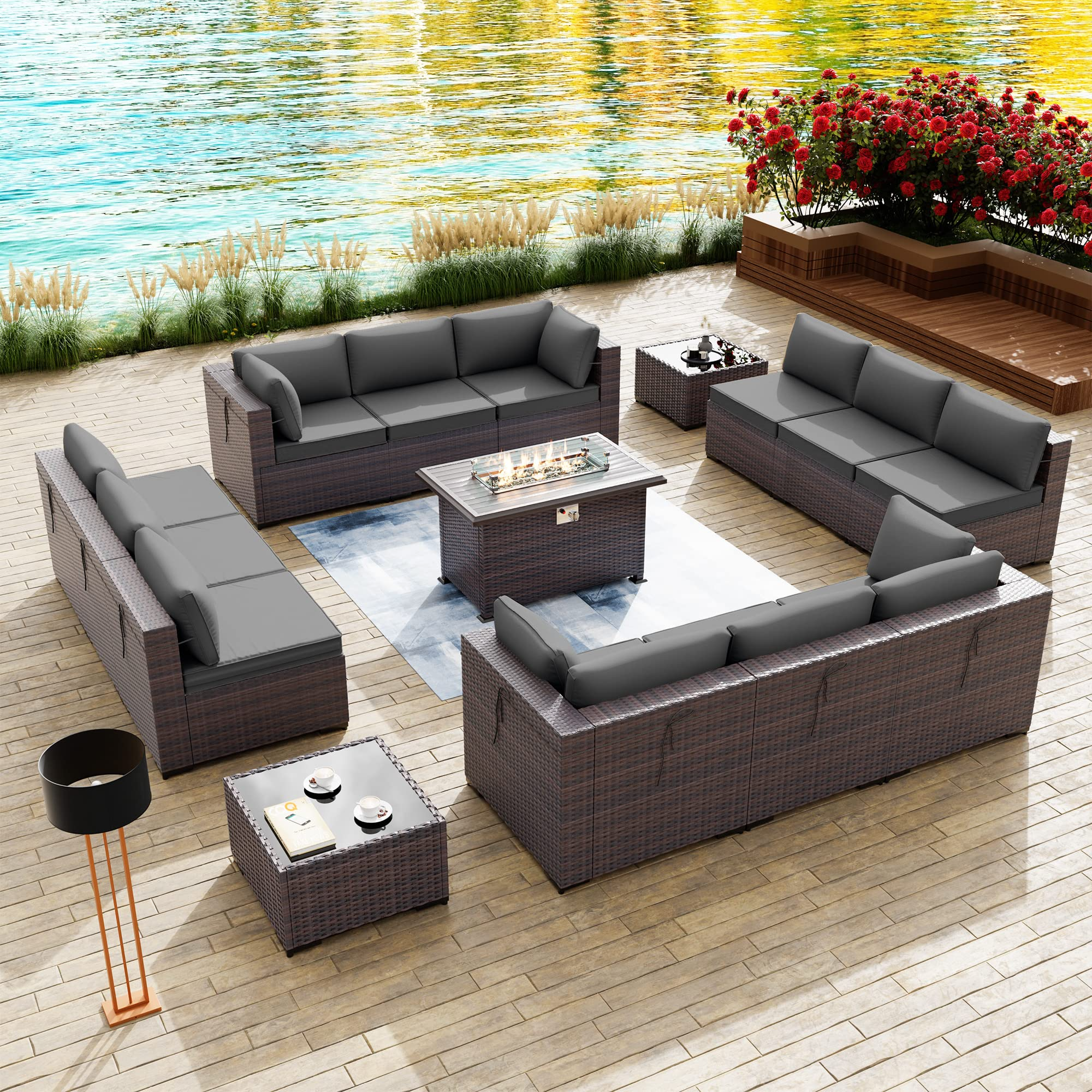 【Furniture】15 Pcs Outdoor Patio Furniture Set with 43" Gas Propane Fire Pit Table PE Wicker Rattan Sofa