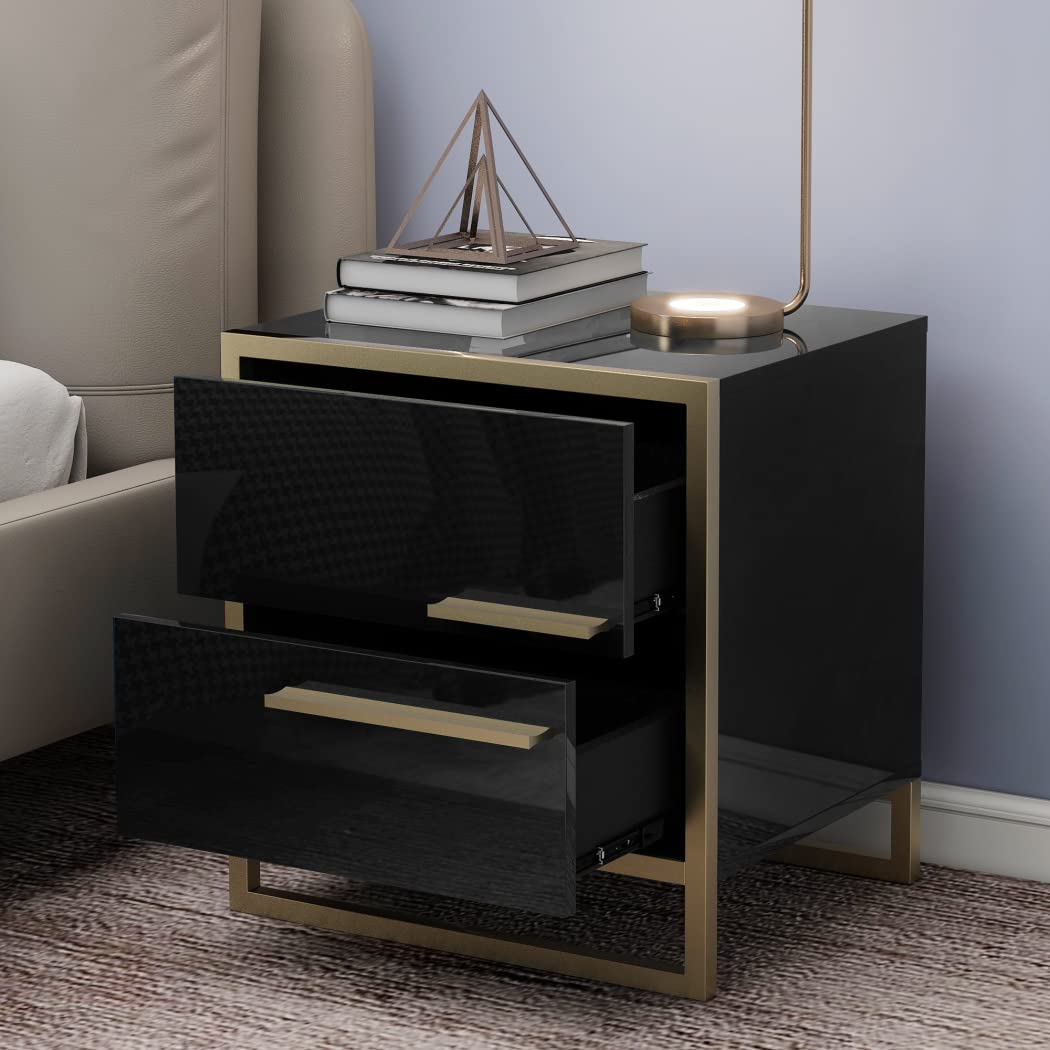 【Furniture】Nightstand with 2 Storage Drawers, Bedside Table with Gold Legs, End Table-Black