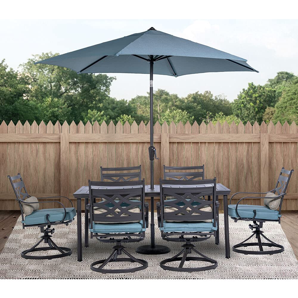 【Furniture】7-Piece Outdoor Patio Dining Set, 6 Swivel Rocker Chairs with Seat & Cushions, 40"x66" Table