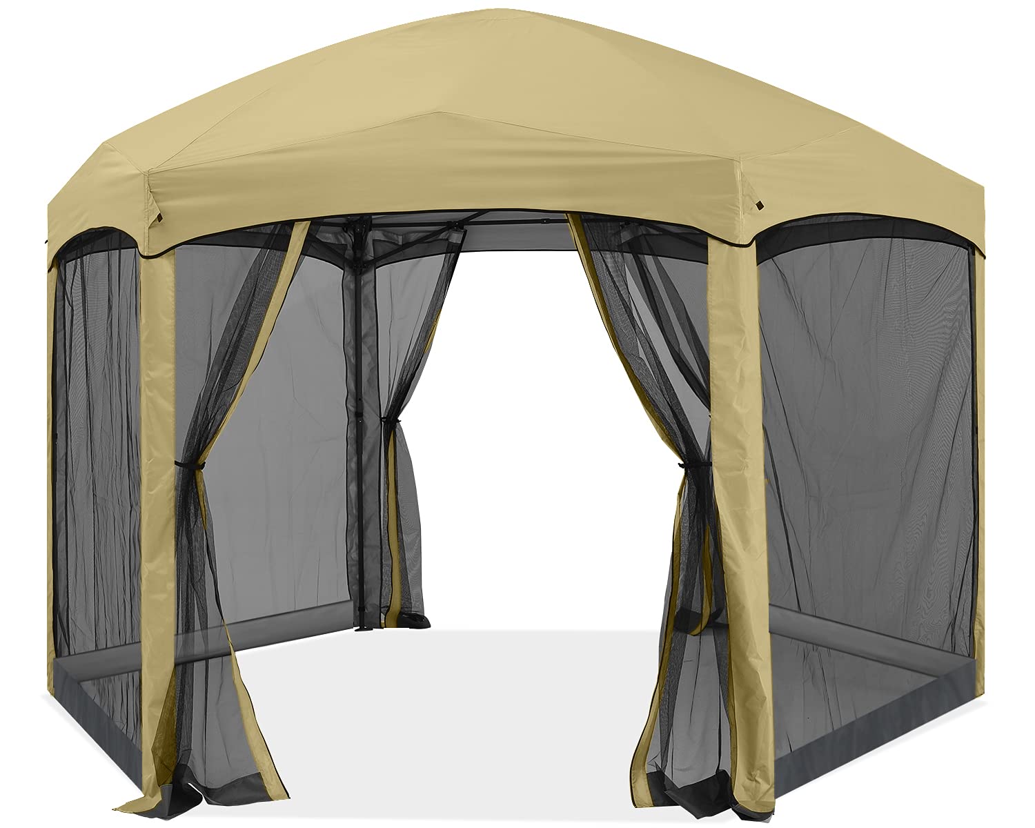 【Gazebo】Pop Up Gazebo 6 Sided Screened Canopy Tent Outdoor Screen House(Beige)