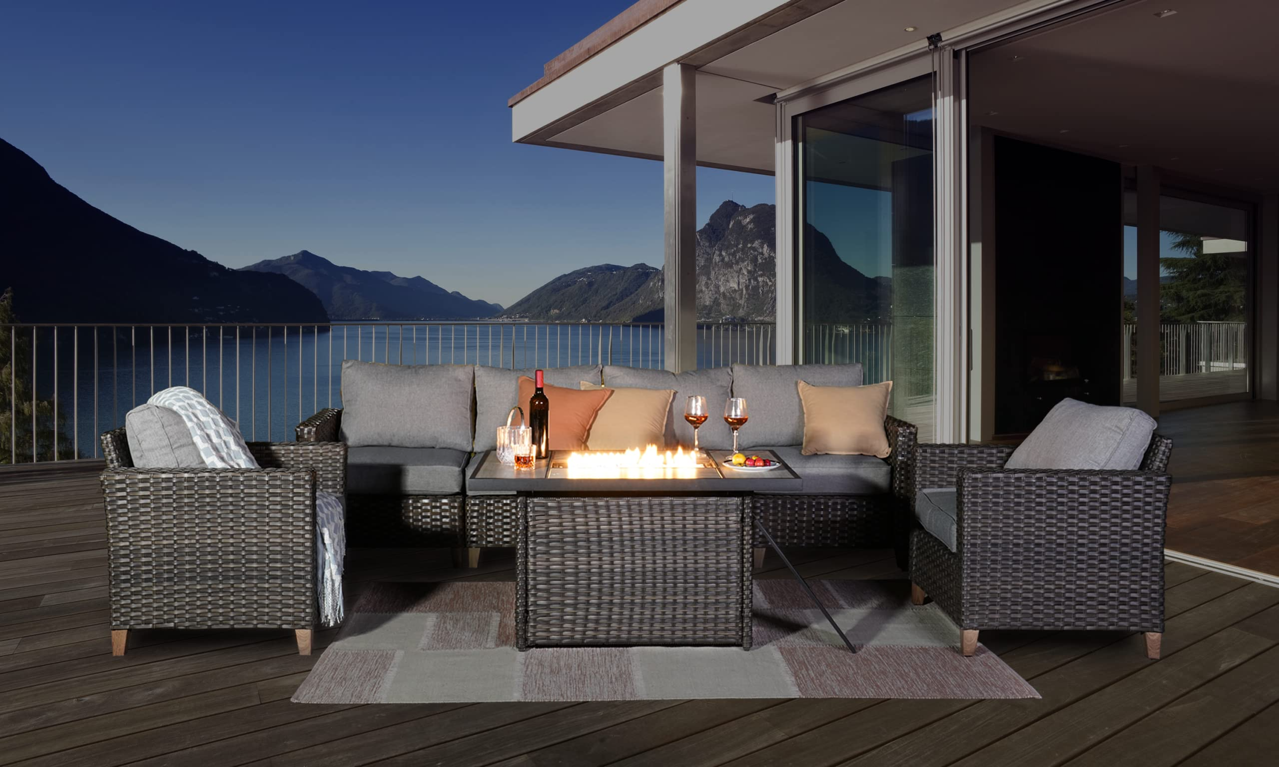 【Home&Garden】Fire Pit Patio Set, All Weather Wicker Patio Furniture Sectional Sofa with Fire Pit Table