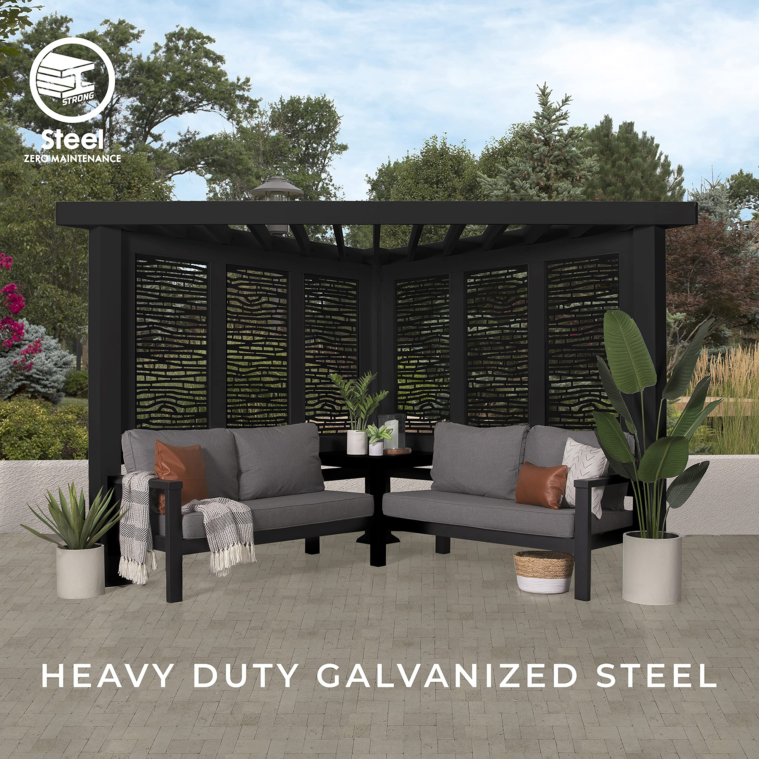 【Home&Garden】Glendale Modern Steel Cabana Pergola with Conversation Seating in Slate
