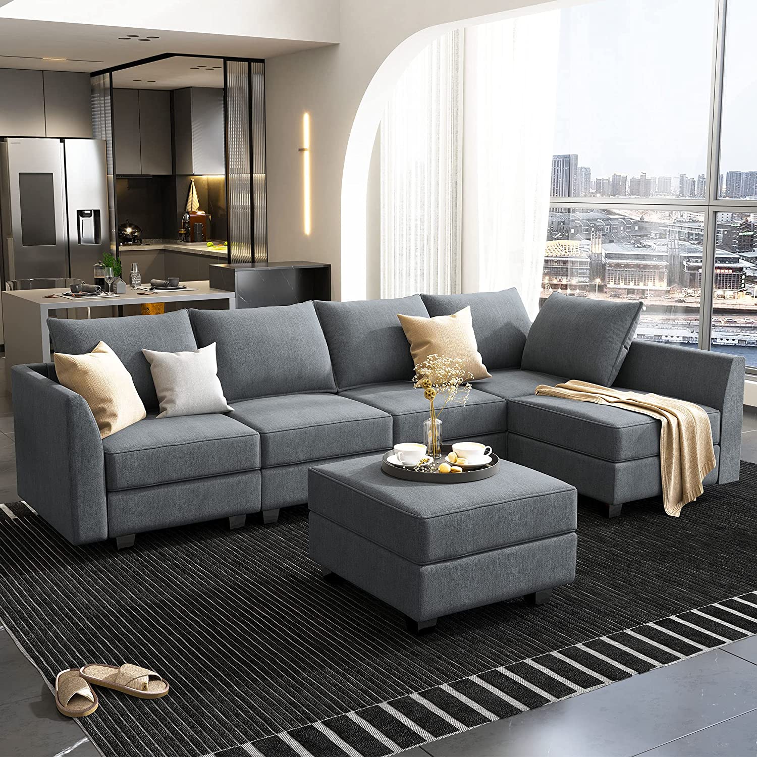 HONBAY Convertible Sectional Sofa U Shaped Couch with Modern Fabric Modular Sofa Couch with Chaise