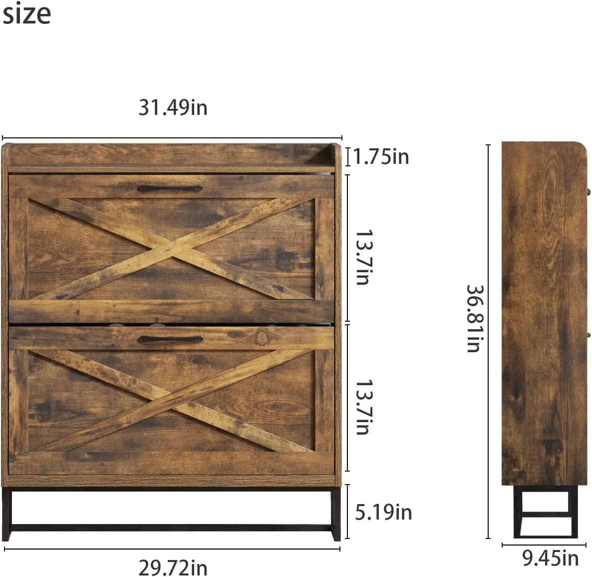 Maupvit Shoe Cabinet with 2 Flip Drawers, Freestanding Shoe Cabinet Organizer with Metal Legs, Shoes Storage Cabinet for Entryway, Narrow Shoe Rack Cabinet, Rustic Brown