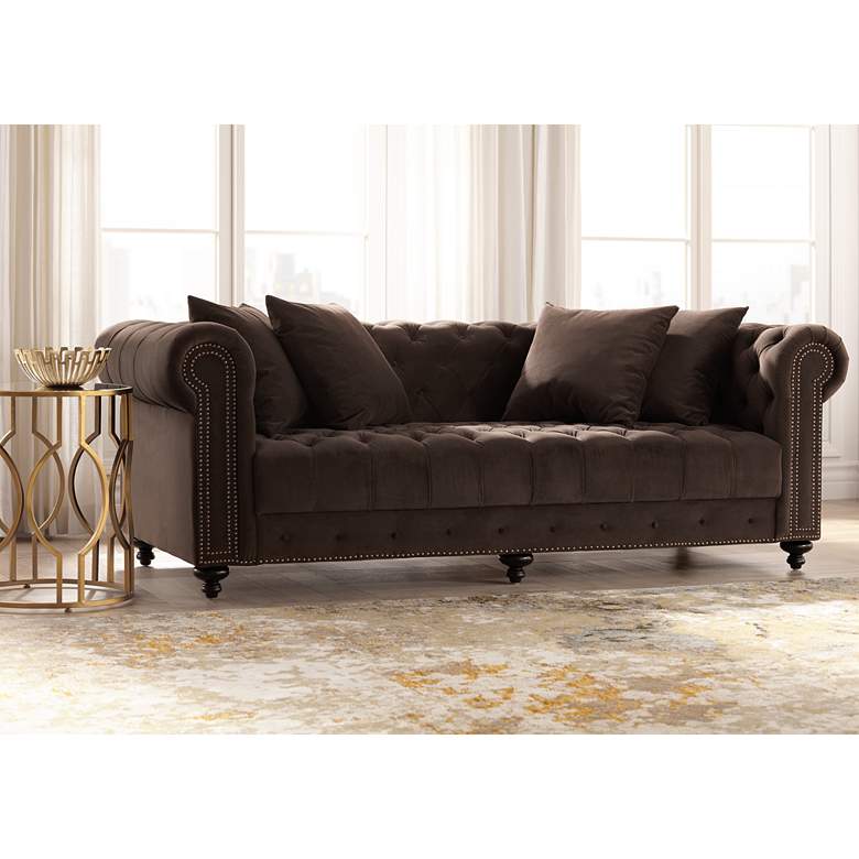 Jules 90"W Chocolate Brown Velvet Tufted Chesterfield Sofa