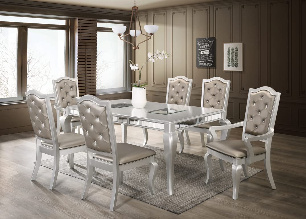Liveasy Furniture Dining Table Set for 6, Kitchen & Dining Room Sets with Button Tufted Upholstered Chairs and Mirror Tile Edge (Champagne/Beige)