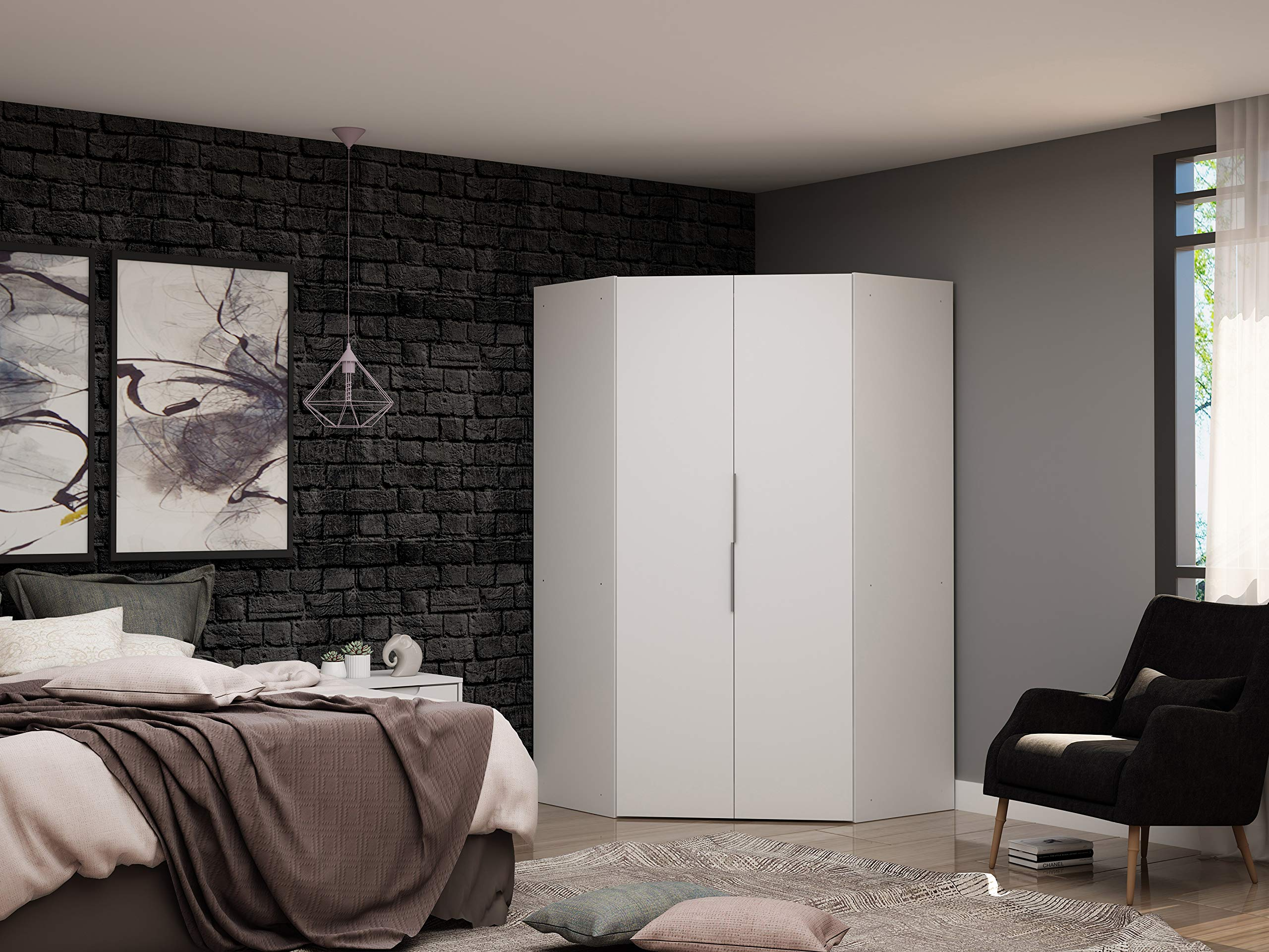 【Furniture】Rockefeller Ultra Modern 2 Door Open Corner Bedroom Closet with Hanging Rods, 65.91"