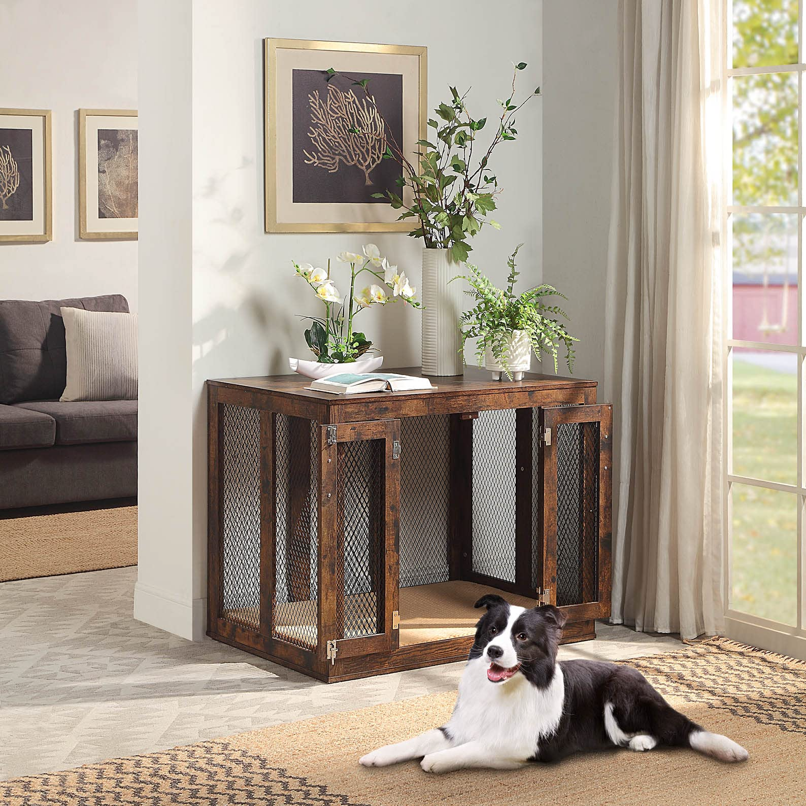 【Pet】Furniture Style Dog Crate with Cushion & Tray, Mesh Dog Kennels, End Table Dog House