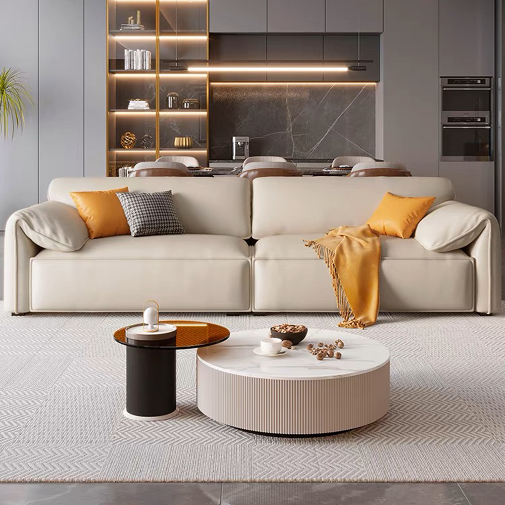 Modern 4 Seater Sofa, Modern Couch with Cat Scratch Fabric, Armrest, 4 Pillows, Pine Wood Frame, Bamboo Charcoal Sponge, Beige, 110.24