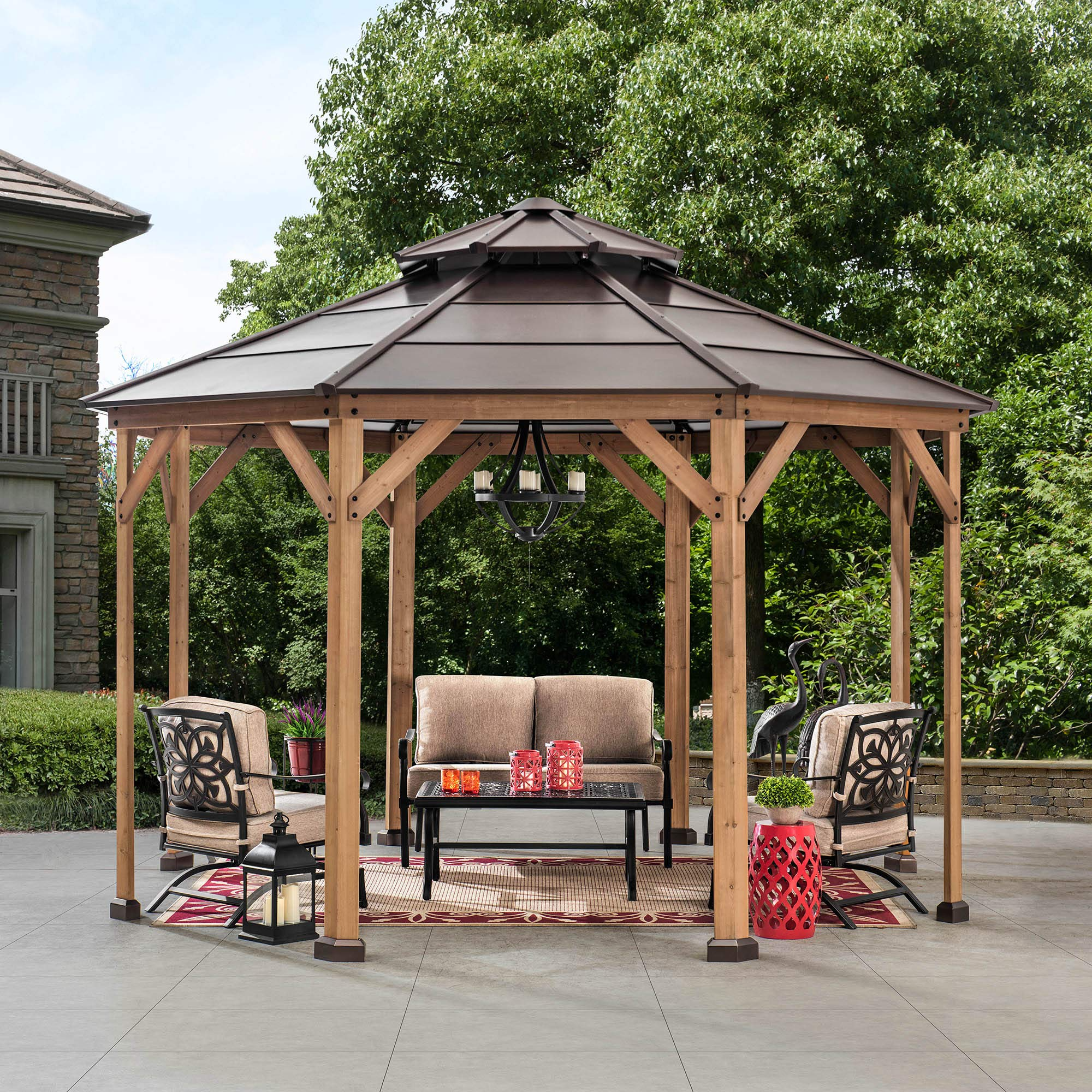 【Gazebo】13x13 Cedar Framed Octagon Wood Gazebo with Brown Double Tiered Steel Hardtop Roof & Ceiling Hook