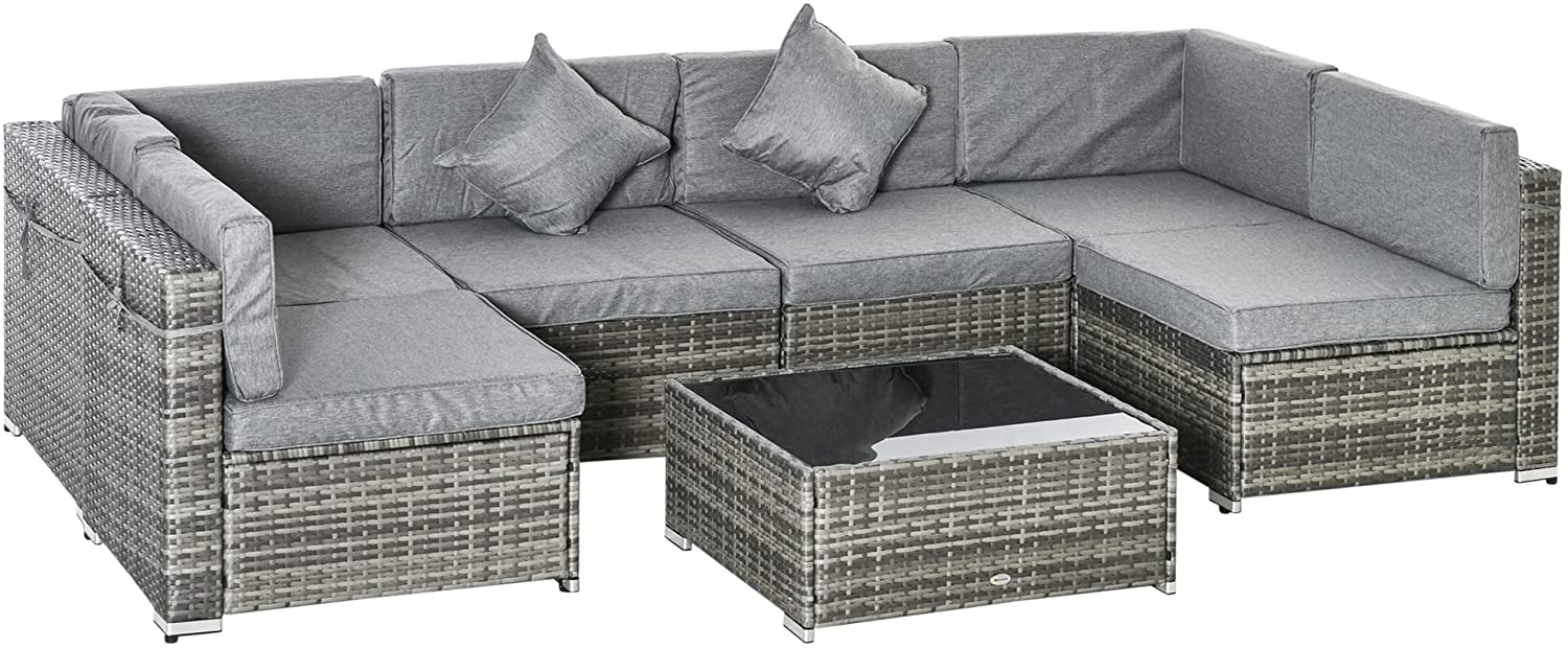 【Furniture】7 Pcs Outdoor Rattan Furniture Set, Patio Wicker Sectional Conversation Sofa Set, Grey