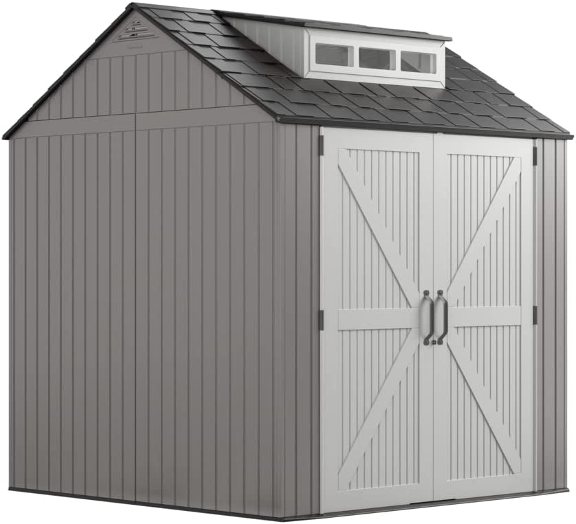 Rubbermaid Resin Weather Resistant Outdoor Storage Shed, 7 x 7 ft., Simple Gray/Onyx, for Garden/Backyard/Home/Pool